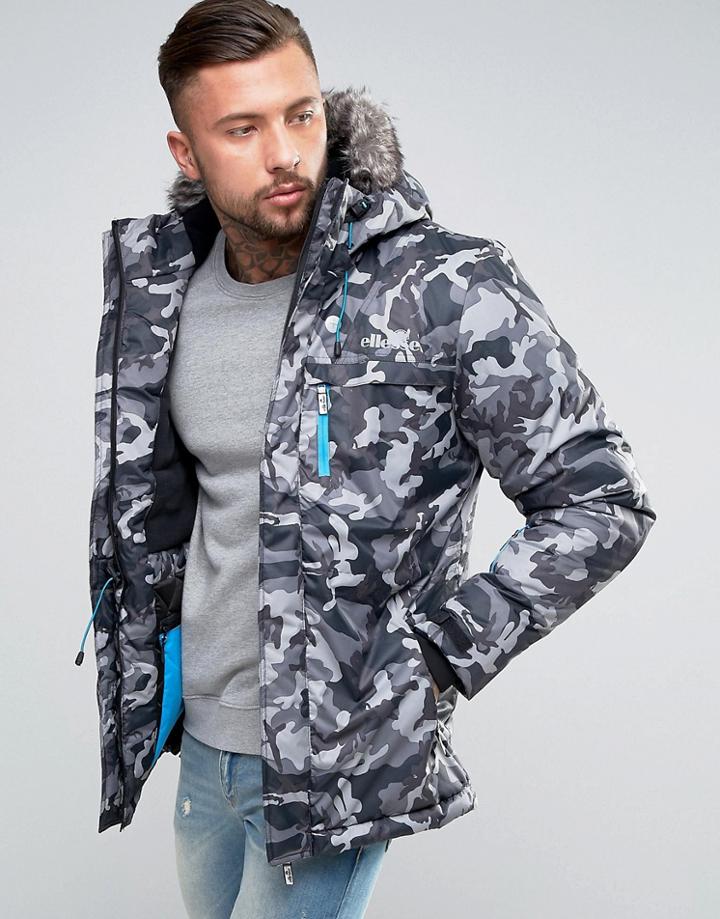 Ellesse Parka Jacket In Camo Print With Reflective Logo - Black