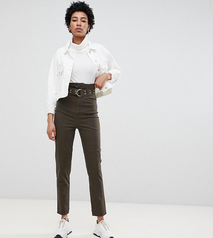 Asos Design Tall Stevie High Waisted Peg Pants With Extra Long Belt In Khaki-green