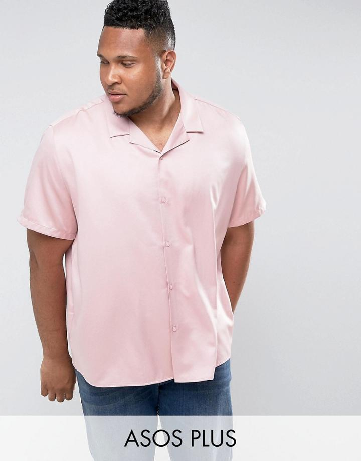 Asos Plus Oversized Sateen Shirt With Revere Collar In Pink - Pink