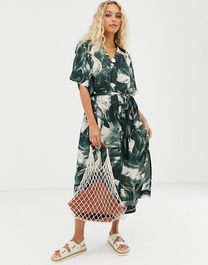 Weekday Brushstroke Print Shirt Dress In Green - Multi