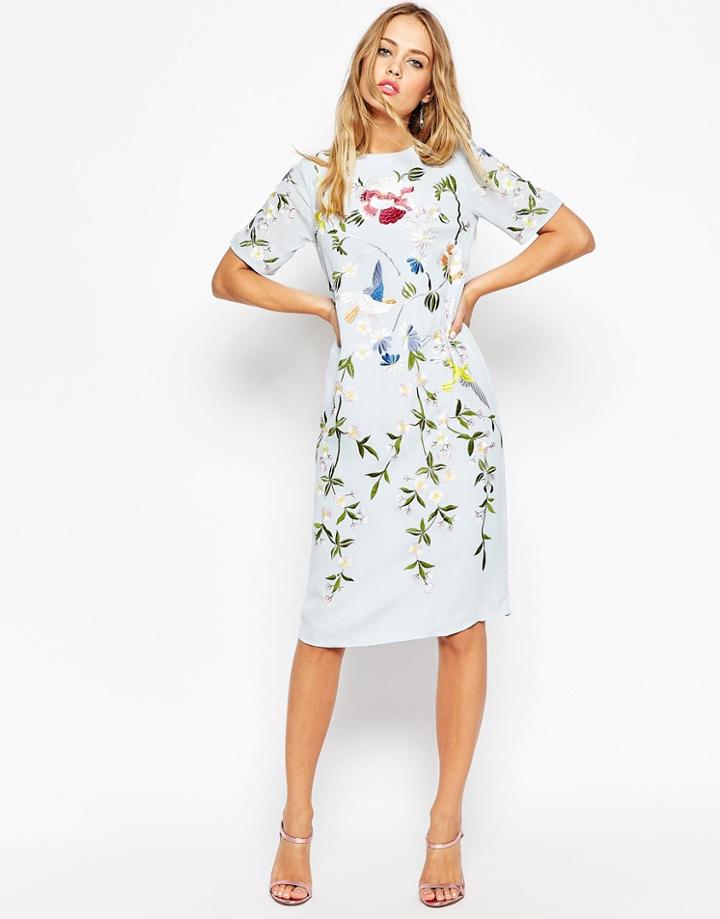 Asos Bird And Floral Embroidered Shift Dress - Blue