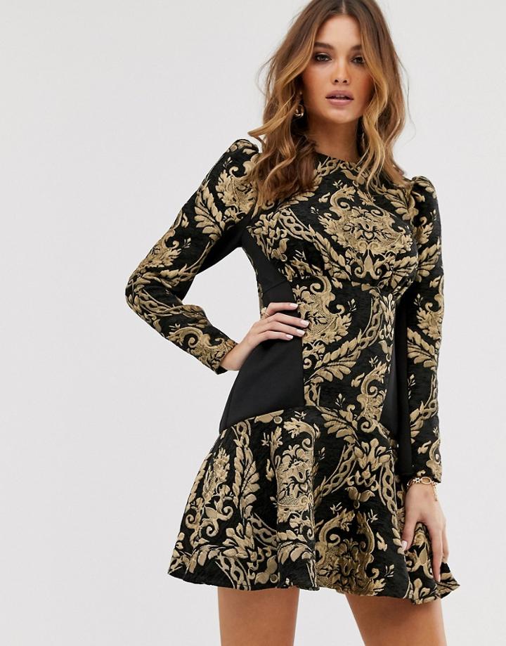 Asos Design Long Sleeve Jacquard Pep Hem Mini Skater Dress