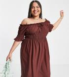 Lola May Plus Puff Sleeve Ruched Front Midi Dress In Chocolate Brown