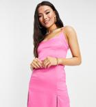 Asyou Satin Split Hem Cami Dress In Fluro Pink