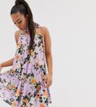 Asos Design Petite Floral Backless Halter Pleated Mini Dress-multi