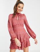 Little Mistress Long Sleeve Ruffle Dress In Rose-pink