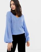 Brave Soul Harrio V Neck Sweater With Wide Sleeves - Blue