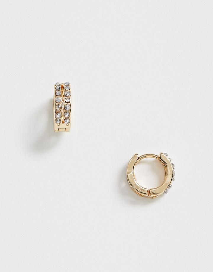 Asos Design Mini Hoop Earrings In Double Row Crystal Design In Gold Tone - Gold