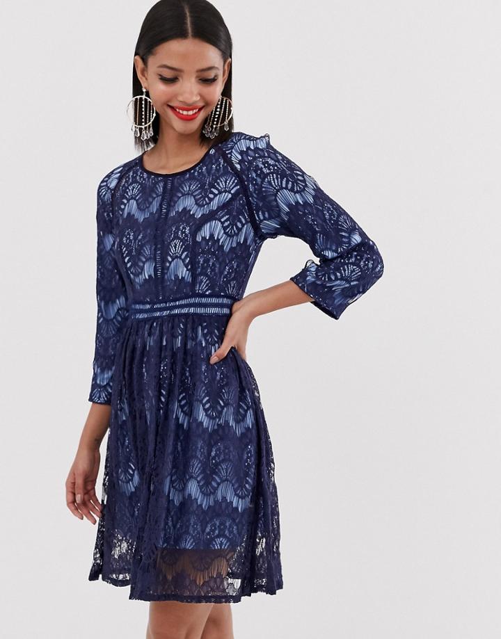 Liquorish Lace Skater Dress-navy