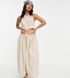 Asos Design Petite Cotton Poplin Tie Wrap Around Midi Sundress In Beige-neutral