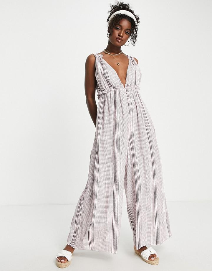 Asos Design Crinkle Rayon Double Strap Plunge Smock Jumpsuit In Stripe-multi