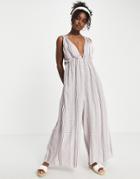 Asos Design Crinkle Rayon Double Strap Plunge Smock Jumpsuit In Stripe-multi