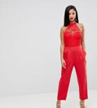 Asos Petite Lace Top Jumpsuit With Halterneck - Red