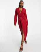 Aria Cove Satin Plunge Front Maxi Dress With Thigh Slit In Wine Red