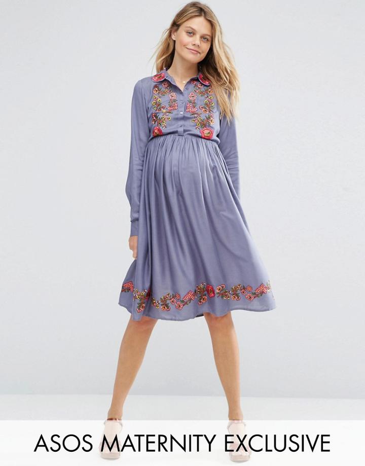 Asos Maternity Button Through Shirt Skater Dress With Embroidery - Blue
