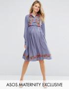 Asos Maternity Button Through Shirt Skater Dress With Embroidery - Blue