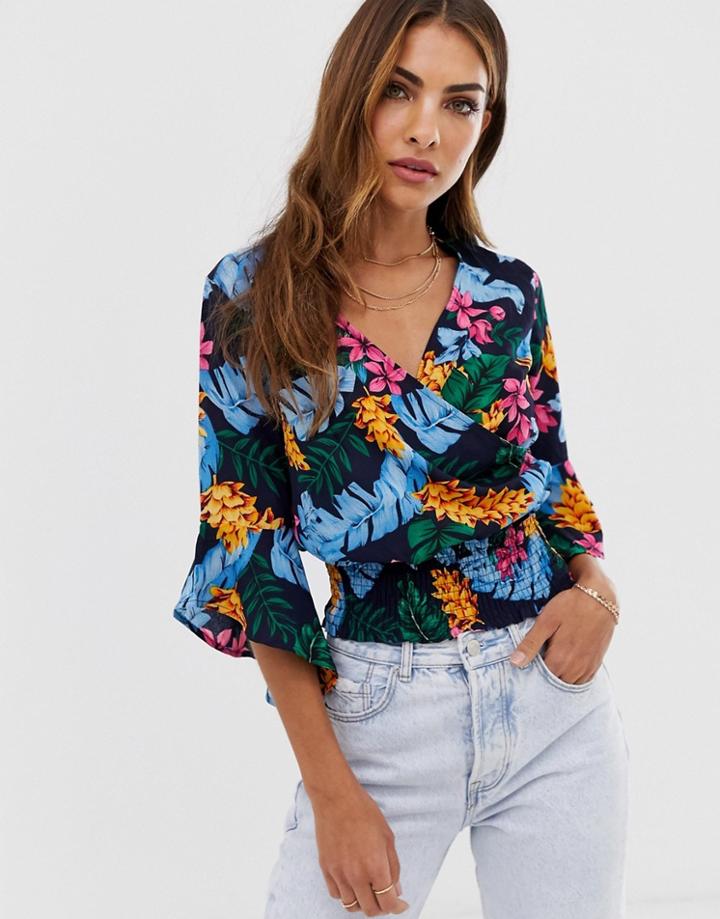 Ax Paris Floral Print Wrap Blouse - Navy