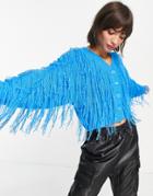 Asos Design V-neck Cardigan With All-over Tassels In Blue-blues