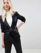 Fashion Union Satin Leopard Tie Front Blazer Two-piece - Black