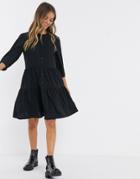 Pieces Long Sleeve Tiered Shirt Dress-black