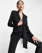 Asos Design Jersey Suit Blazer With Obi Tie Waist In Black - Black - Black