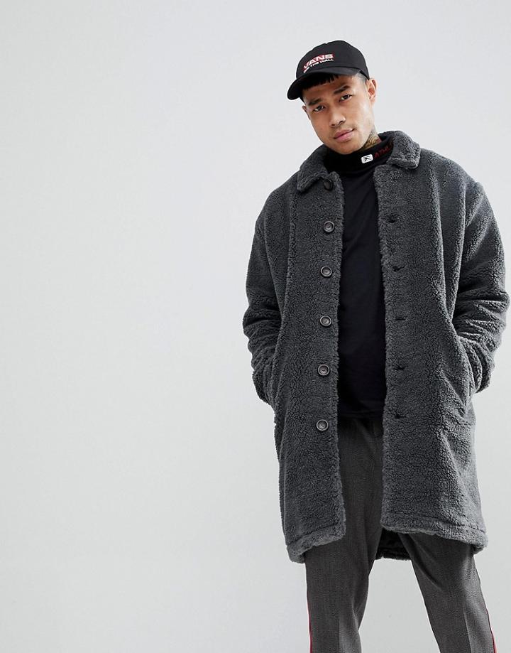 Asos Design Borg Overcoat In Charcoal - Gray