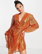 Style Cheat Wrap Tie Mini Dress In Orange Sequin