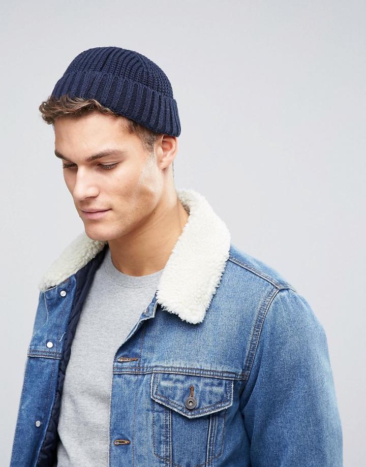 Asos Ribbed Mini Beanie In Navy - Navy