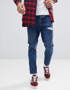 Asos Twisted Seam Tapered Jeans In Dark Wash Blue With Rips