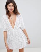 Asos Design Broderie Plunge Beach Cover Up - White