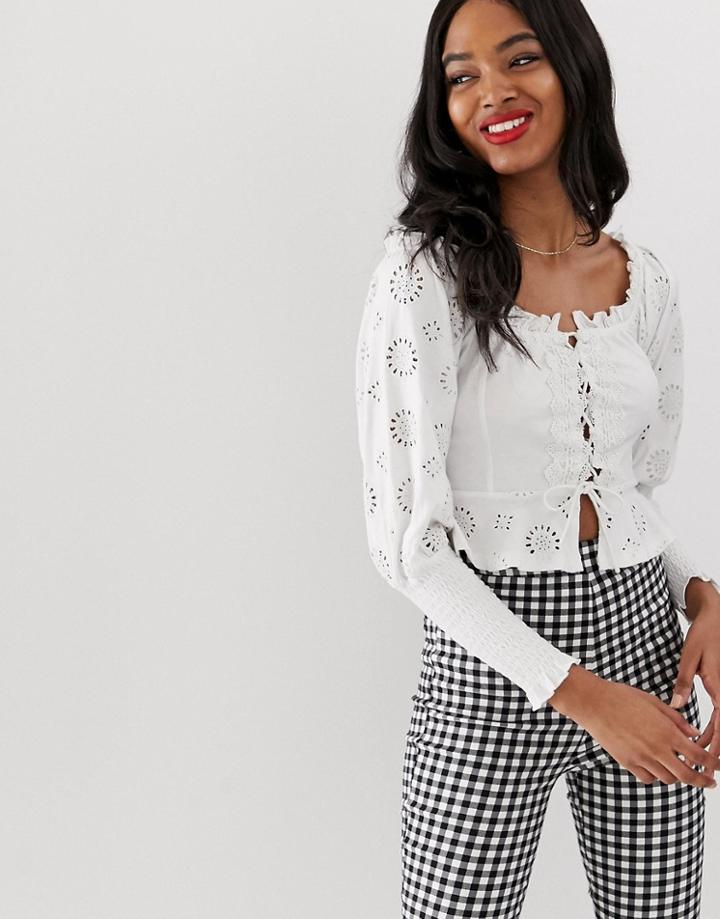 Asos Design Shirring Bardot Top With Broderie Sleeve And Lace Up Detail - White