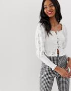 Asos Design Shirring Bardot Top With Broderie Sleeve And Lace Up Detail - White