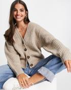 Asos Design Chunky V Neck Cardigan In Wool Blend In Camel-neutral