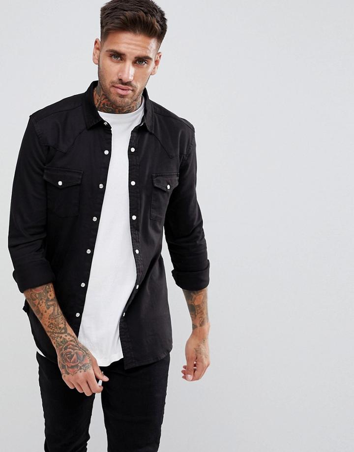 Asos Skinny Denim Western Shirt In Black - Black