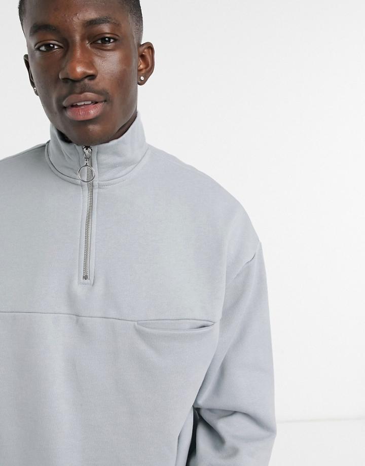 Asos Design Heavyweight Oversized Sweatshirt With Half Zip In Gray-grey