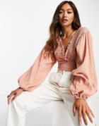 Asos Design V Neck Shirred Top In Pink