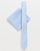 Asos Design Satin Tie And Pocket Square In Pale Blue