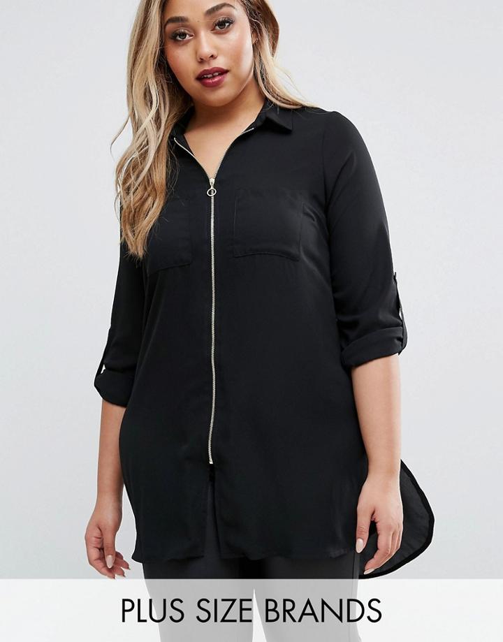 New Look Plus Longline Zip Front Shirt - Black