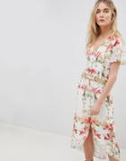 Hope & Ivy Button Front Flutter Sleeve Midi Dress In Mirrored Floral Print - Multi