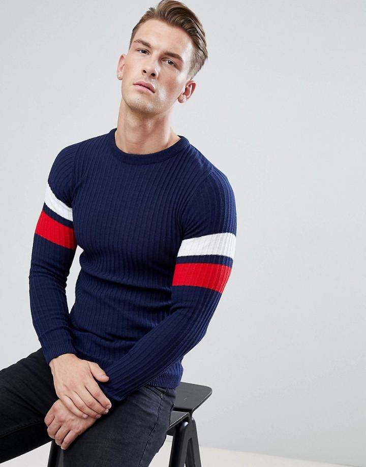Boohooman Muscle Fit Ribbed Sweater With Arm Stripe In Navy - Navy