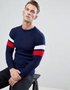 Boohooman Muscle Fit Ribbed Sweater With Arm Stripe In Navy - Navy