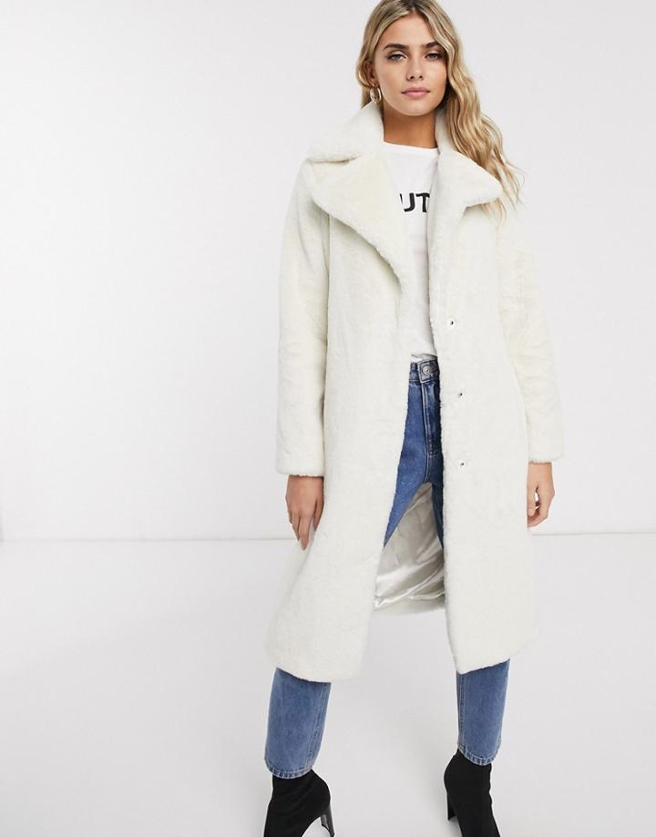 Miss Selfridge Faux Fur Maxi Coat In Cream