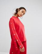 Daisy Street Relaxed Sweatshirt With Popper Sleeves Co-ord - Red