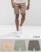 Asos Tall 3 Pack Slim Chino Shorts In Stone Khaki & Light Green - Multi