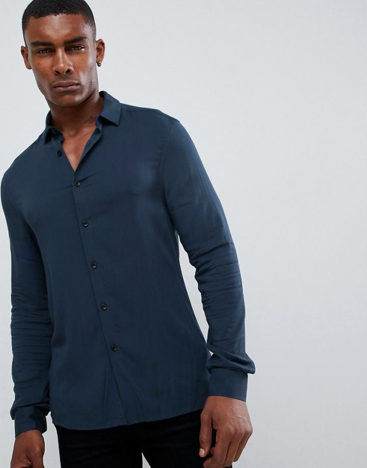 Asos Design Muscle Viscose Shirt In Navy - Navy