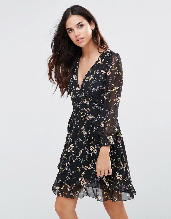 Pussycat London Tea Dress In Floral Print - Black