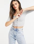 Stradivarius Button Front Jersey Top In Gray-black