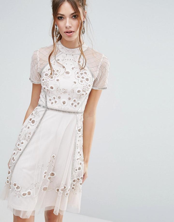 Frock And Frill Floral Embellishment Skater Dress - Pink