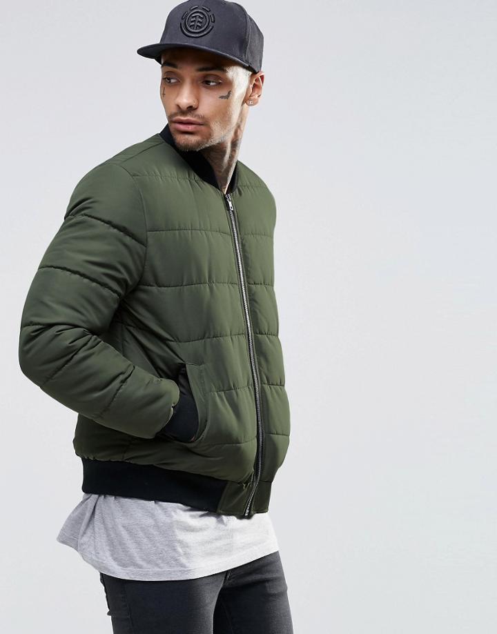 Asos Quilted Bomber Jacket In Khaki - Khaki
