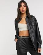 Asos Design Oversized Leather-look Shirt Jacket In Black